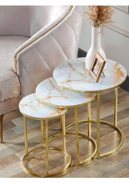 Lü Beyaz Sarı Mermer Temperli Gold Metal Zigon Sehpa
