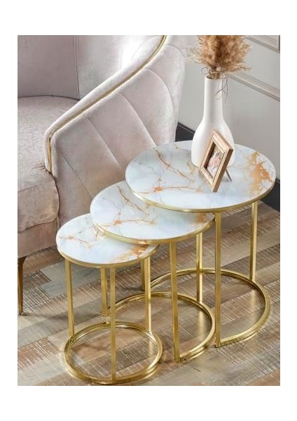Lü Beyaz Sarı Mermer Temperli Gold Metal Zigon Sehpa modelleri