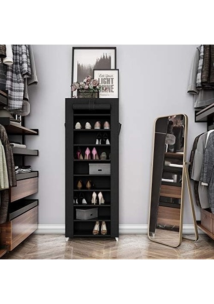 Toz Geçirmez Örtülü 10 Katlı Metal Ayakkabı Rafı, Siyah, RXJ10H fiyatları