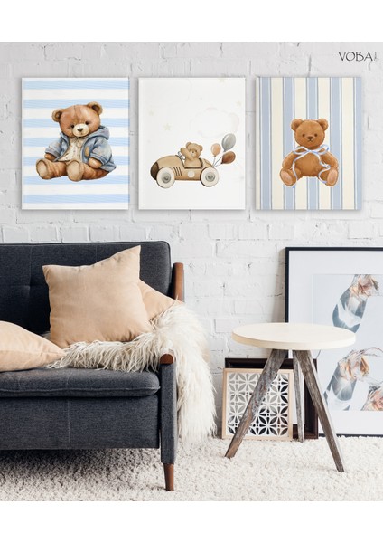 3 Parçalı Çocuk Odası Için Ayı Temalı Mavi Mdf Tablo Seti