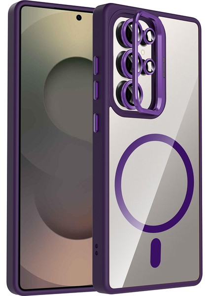 Galaxy S25 Ultra Kılıf Standlı ve Kamera Lens Hediyeli M-Safe Şarj Özellikli Cppl Etro Kapak - Derin