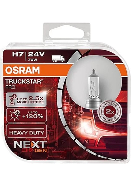 Ampul Truckstar Pro H7 24V 70W%120'YE Kadar Fazla Işık 2.5x Daha Uzun Kullanım Süresi, Ikili