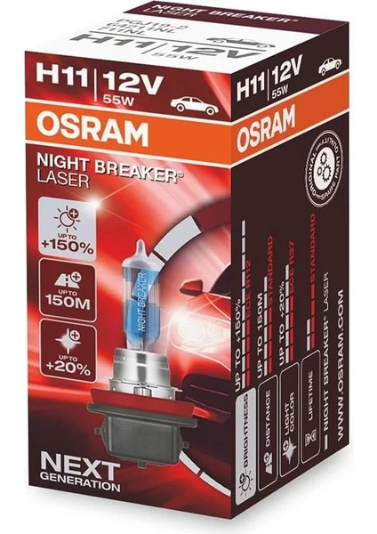 Ampul Night Breaker Laser H11 12V 55W%150'YE Kadar Fazla Işık 150M'YE Kadar Fazla Görüş