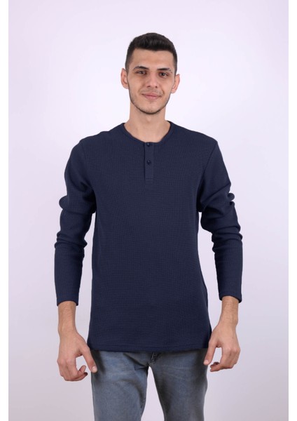 Düğmeli Waffle Indigo Erkek Sweatshirt 5070
