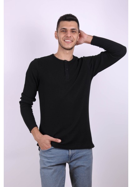 Düğmeli Waffle Siyah Erkek Sweatshirt 5070