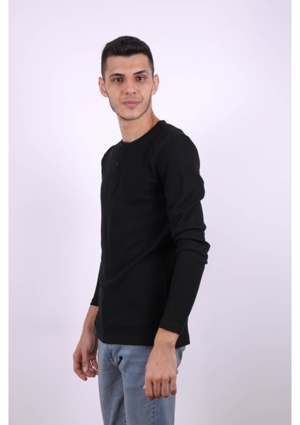 Düğmeli Waffle Siyah Erkek Sweatshirt 5070 fiyatları