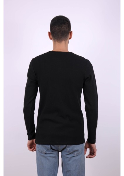 Düğmeli Waffle Siyah Erkek Sweatshirt 5070 modelleri