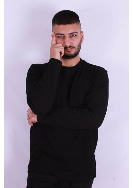 O Yaka Waffle Siyah Erkek Sweatshirt 5073-2