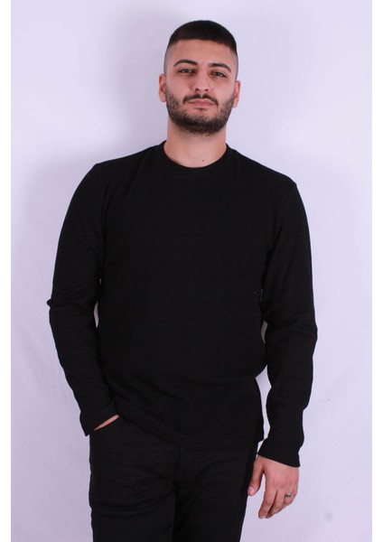 O Yaka Waffle Siyah Erkek Sweatshirt 5073-2 modelleri