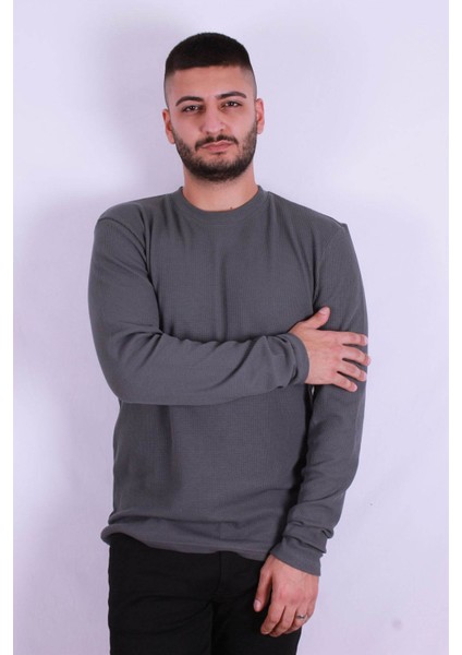 O Yaka Waffle Antrasit Erkek Sweatshirt 5073-2 modelleri