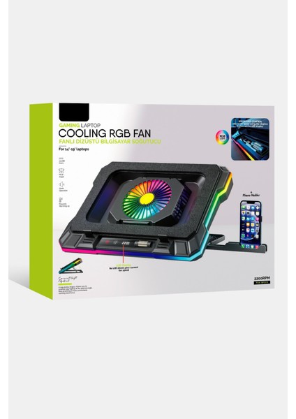 Gaming Laptop Notebook Soğutucu Stand Telefon Tutucu Stant 2200RPM Rgb Işıklı LED Display