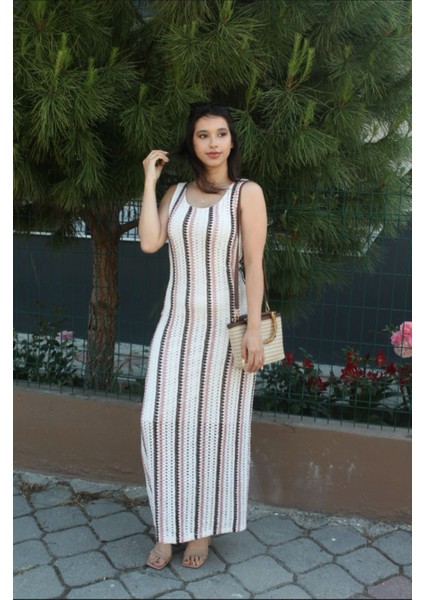 Pembe Ekru Çizgili Zr Astarlı Triko Elbise modelleri