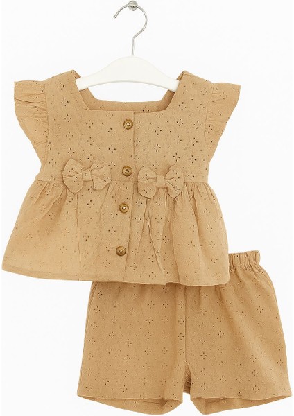Zarif Fiyonk Detaylı Yazlık 2'li Kız Bebek Takımı – Krem & Yeşil Renk Seçenekli