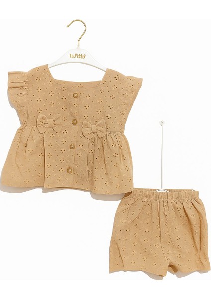 Zarif Fiyonk Detaylı Yazlık 2'li Kız Bebek Takımı – Krem & Yeşil Renk Seçenekli modelleri