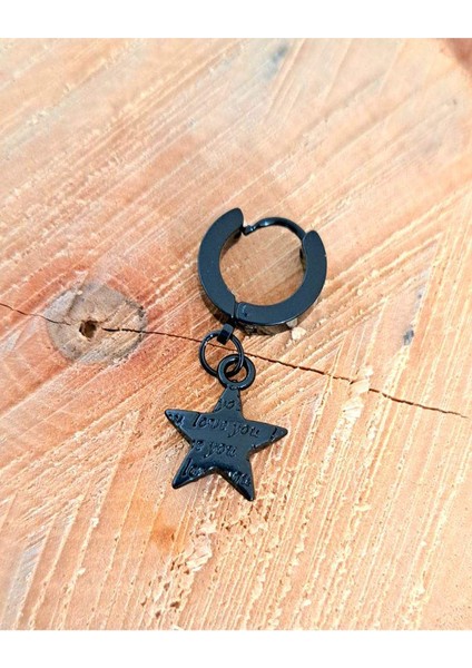 Çelik Kabartma Yıldızlı Siyah Unisex Küpe