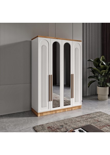 4 Kapaklı ve Aynalı Komple Mdf Desenli Beyaz Gardırop