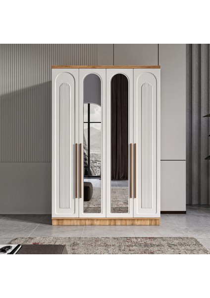 4 Kapaklı ve Aynalı Komple Mdf Desenli Beyaz Gardırop fiyatları
