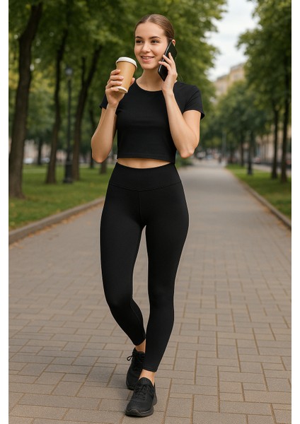 Kadın Siyah Yüksek Bel Toparlayıcı Tayt Yüksek Kalite Spor ve Günlük Kullanım Tayt Yoga Tayt