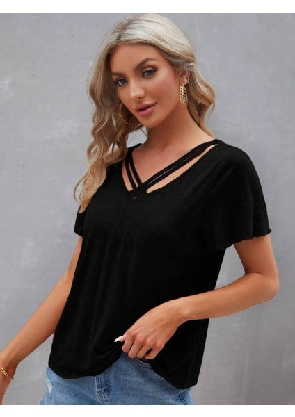 Kadın Kısa Kollu V Şerit Yakalı Viskon Bluz