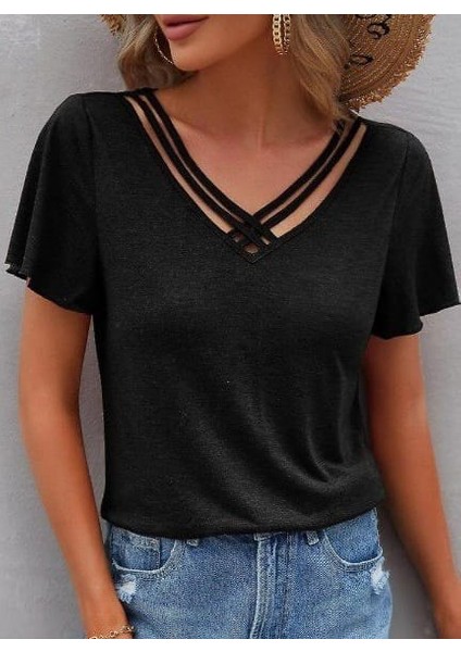 Kadın Kısa Kollu V Şerit Yakalı Viskon Bluz