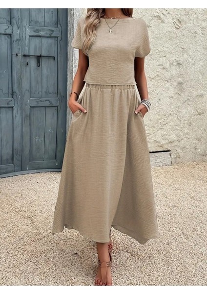 Kadın Kısa Kollu Bisiklet Yaka Bluz Etekli Ithal Keten Ikili Takım modelleri