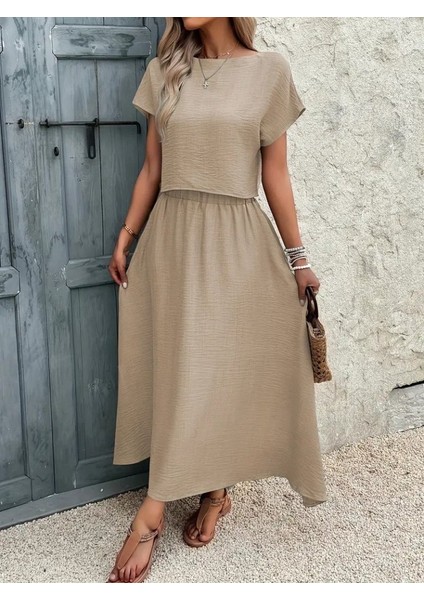 Kadın Kısa Kollu Bisiklet Yaka Bluz Etekli Ithal Keten Ikili Takım fırsatları