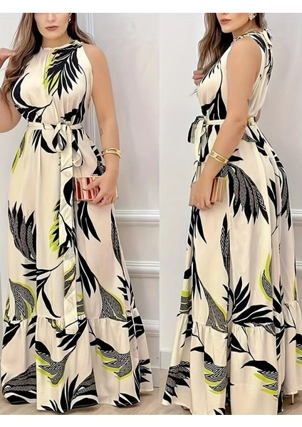 Kadın Sıfır Kok Bağcıklı Kemerli Etek Ucu Fırfırlı Desenli Süprem Elbise fiyatları