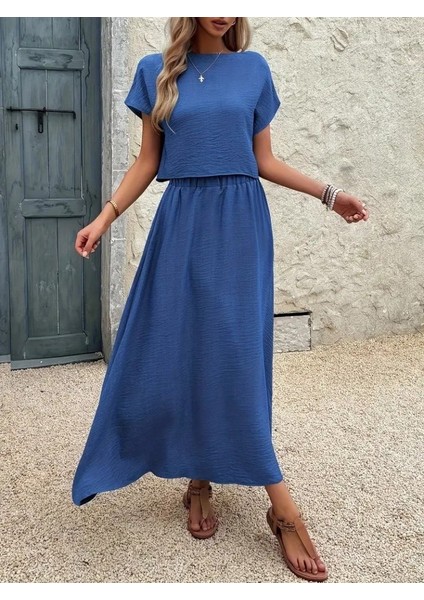 Kadın Kısa Kollu Bisiklet Yaka Bluz Etekli Ithal Keten Ikili Takım fiyatları