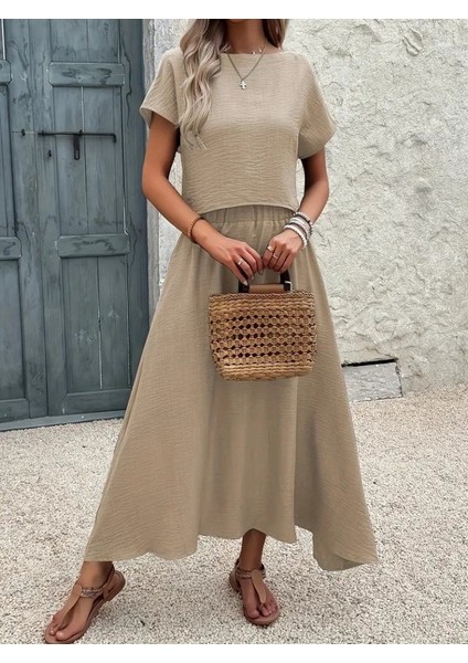 Kadın Kısa Kollu Bisiklet Yaka Bluz Etekli Ithal Keten Ikili Takım fiyatları