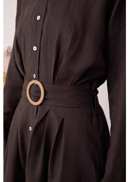 Keten Uzun Pileli Elbise Acı Kahve