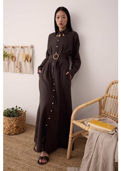 Keten Uzun Pileli Elbise Acı Kahve fiyatları