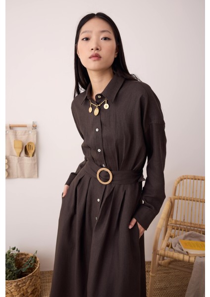 Keten Uzun Pileli Elbise Acı Kahve modelleri