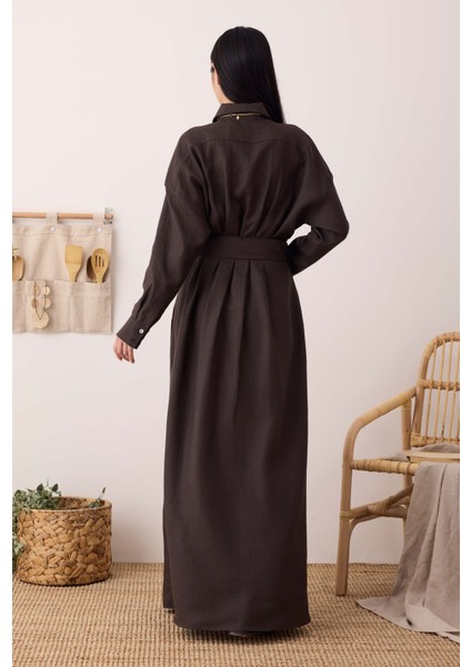 Keten Uzun Pileli Elbise Acı Kahve fırsatları