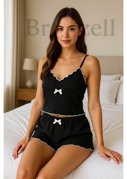 Kurdele Detaylı Şortlu Siyah Pijama Takımı fiyatları