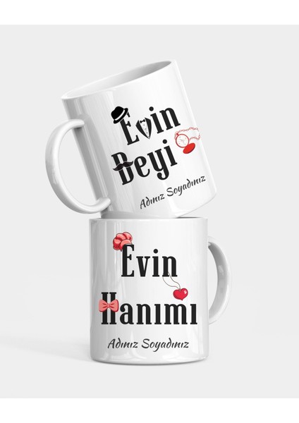 Kişiye Özel Evin Hanımı & Evin Beyi Baskılı Çift Hediyesi - Ikili Kupa Bardak