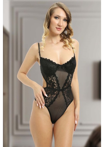 Siyah Dantelli Bodysuit - 623S