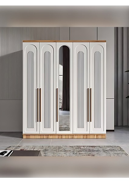 5 Kapaklı Aynalı Komple Mdf Desenli Modern Beyaz Gardırop fiyatları