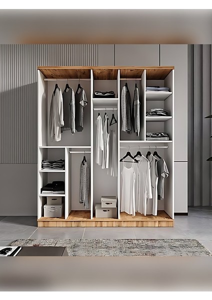 5 Kapaklı Aynalı Komple Mdf Desenli Modern Beyaz Gardırop modelleri