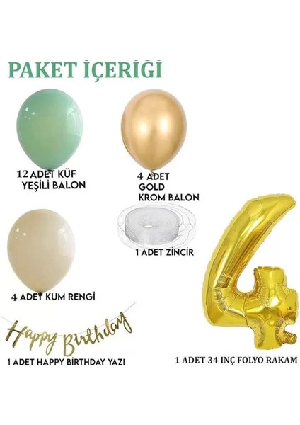 4 Yaş Küf Yeşili, Deniz Kumu ve Krom Gold Balonlu Konsept Doğum Günü Seti fiyatları