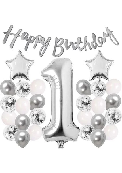 Gümüş Konsept Doğum Günü Kutlama Seti Beyaz Gümüş Konfetili Balon Rakam Yıldız Folyo