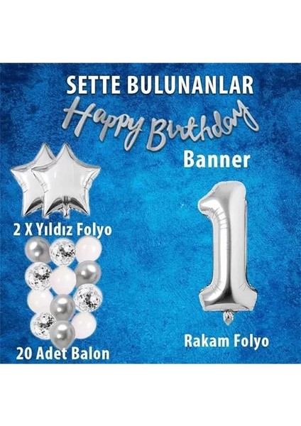 Gümüş Konsept Doğum Günü Kutlama Seti Beyaz Gümüş Konfetili Balon Rakam Yıldız Folyo fiyatları