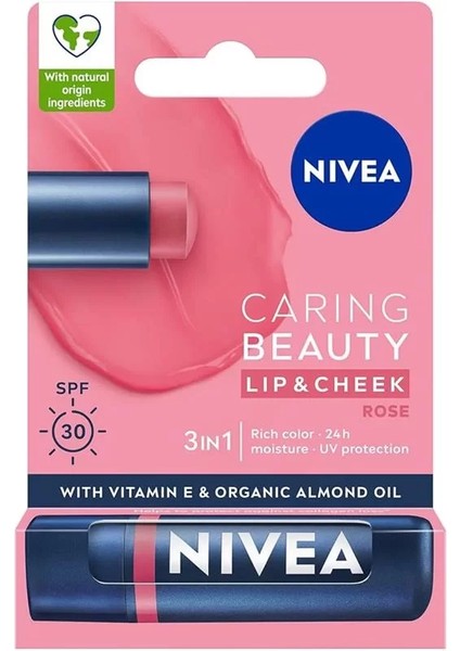 Caring Beauty Rose Renkli Nemlendirici Dudak Bakım Kremi 4.8gr, SPF30, Allık Etkisi, Dudak ve