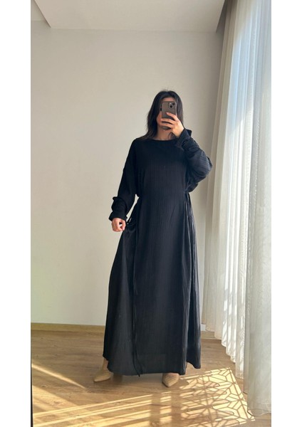 Siyah Oversize Gofre Uzun Elbise