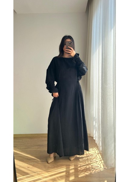 Siyah Oversize Gofre Uzun Elbise modelleri