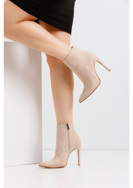 Bej Süet 10.5 cm Sivri Burun Kadın Topuklu Bot 8620 fiyatları