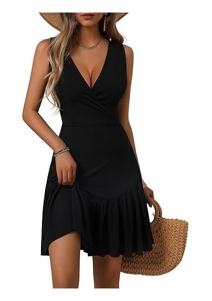 Kadın Askılı Kruvaze Yakalı Fırfırlı Janjan Krep Elbise indirimleri