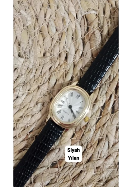 Zarif Tasarım Retro Vintage Kadın Kol Saati Oval Gold Kasa Siyah Renk 0014