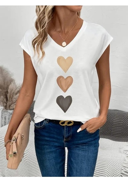 Kadın Kısa Kollu V Yakalı Kalp Desen Viskon Bluz fırsatları
