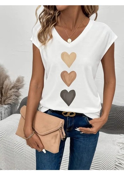 Kadın Kısa Kollu V Yakalı Kalp Desen Viskon Bluz