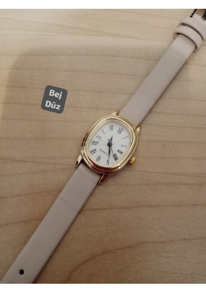 Retro Vintage Kadın Kol Saati Bej Düz Renk , Zarif Tasarım 0014